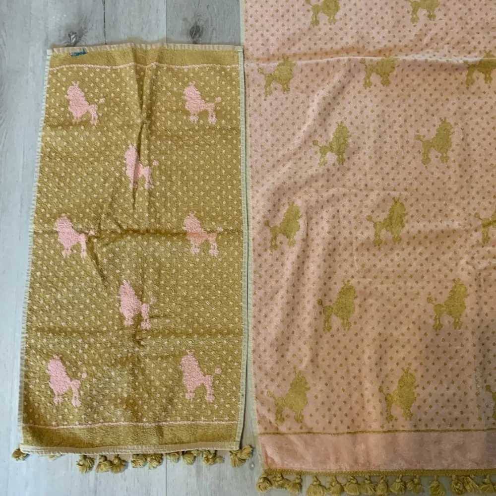 Besana Made in Italy pink & Gold Reversible Towel  POODLES Tassel Fringe vintage
